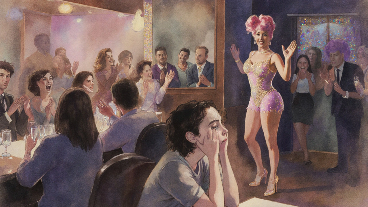 A quiet guest watches the end of a drag performance with emotion, surrounded by celebration.