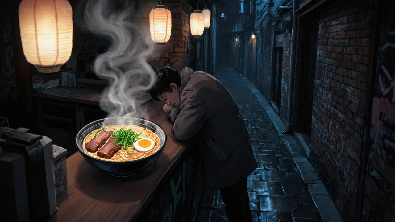 A steaming bowl of ramen is savored in a quiet Soho alleyway late at night.
