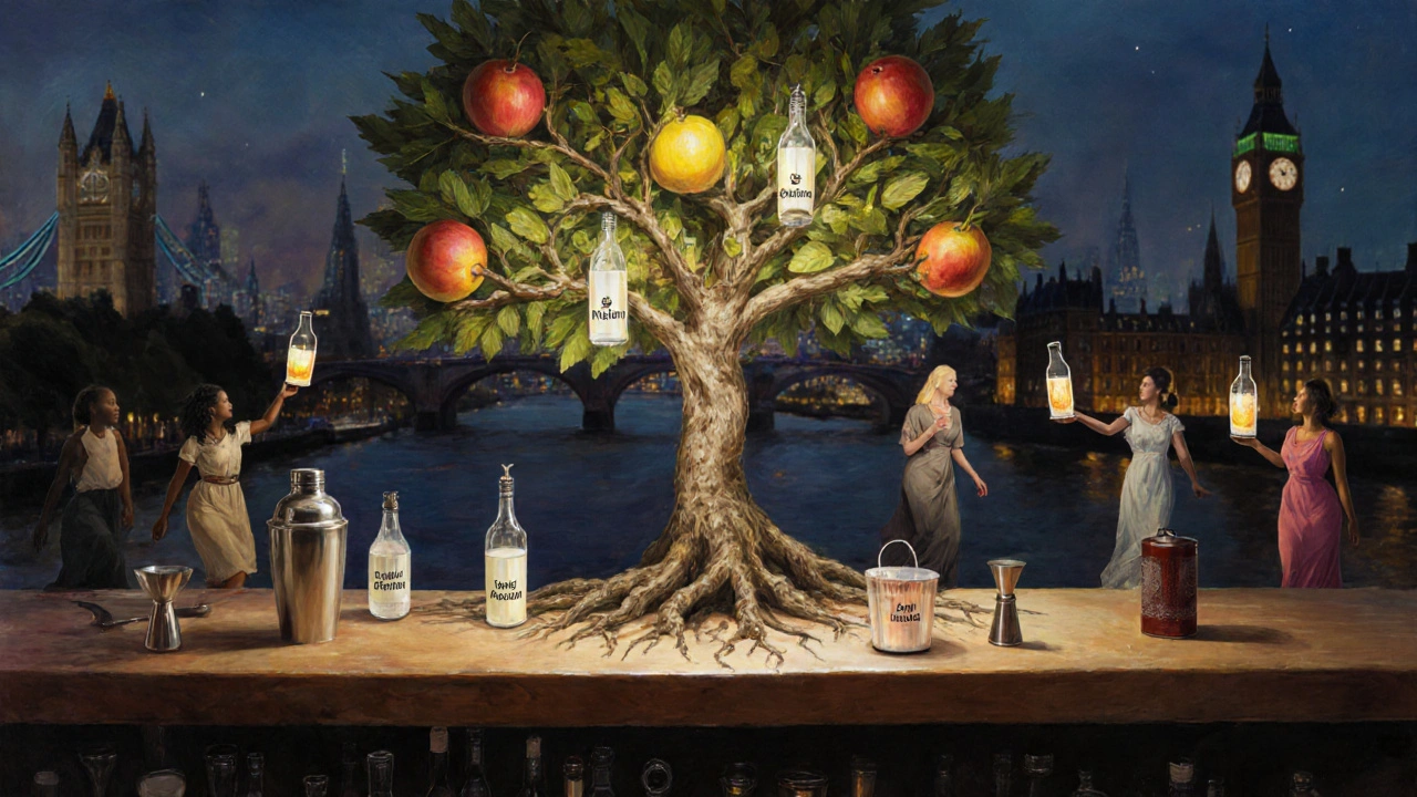 A symbolic tree made of bar tools grows from a bar table, with fruit representing sustainability and inclusion under a London night skyline.
