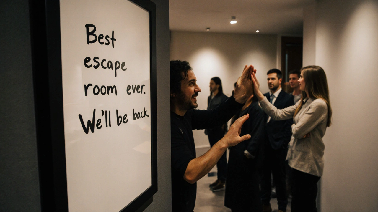 A team celebrates outside an escape room, admiring a guest&#039;s framed note on the wall as the next group waits.