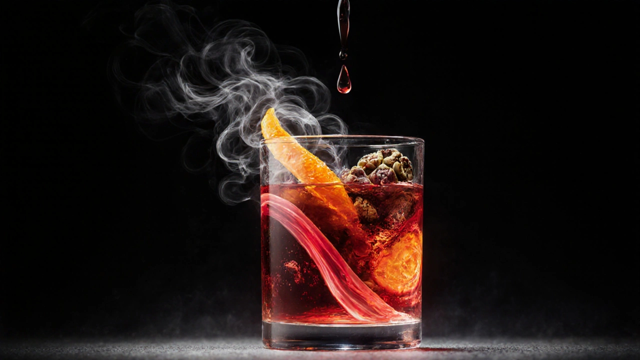Abstract molecular representation of a Negroni&#039;s ingredients in symmetrical, glowing forms.