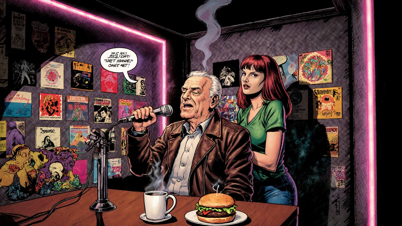 An older man singing karaoke with a backup singer under pulsing LED lights in a private booth.