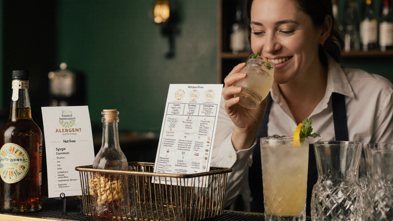 Bar counter with three labeled stations: nut-free, gluten-free fryer, and printed allergen cards for drinks.