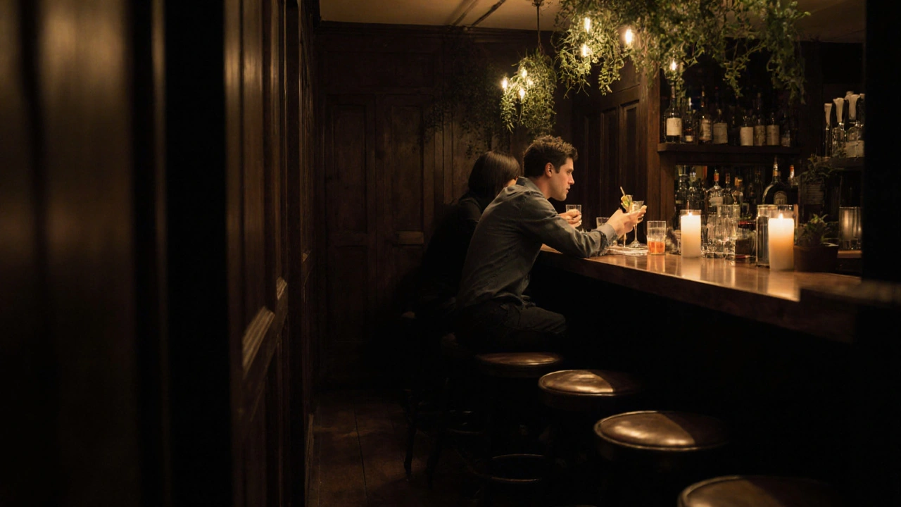 Candlelit bar with two people sharing a drink at The Narrow, warm lighting and acoustic music creating calm intimacy.