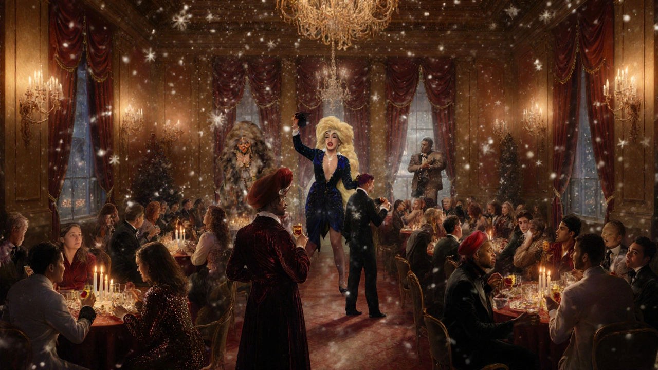 Candlelit Queer Winter Ball with drag performers and guests in velvet attire.