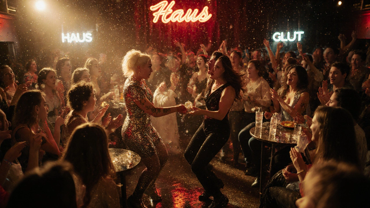 Cast dancing on tables as audience sings along under glittering lights on Saturday night.