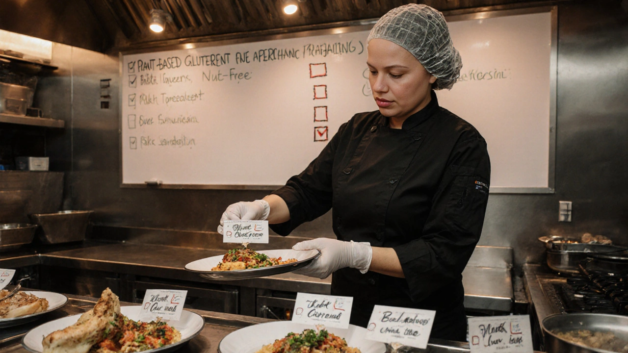 Caterer preparing a labeled safe meal in a professional London kitchen.