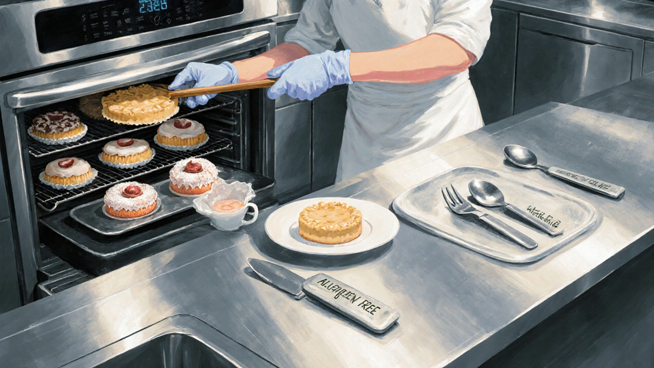 Chef preparing allergy-safe pastries in a dedicated kitchen with labeled utensils and clean surfaces.