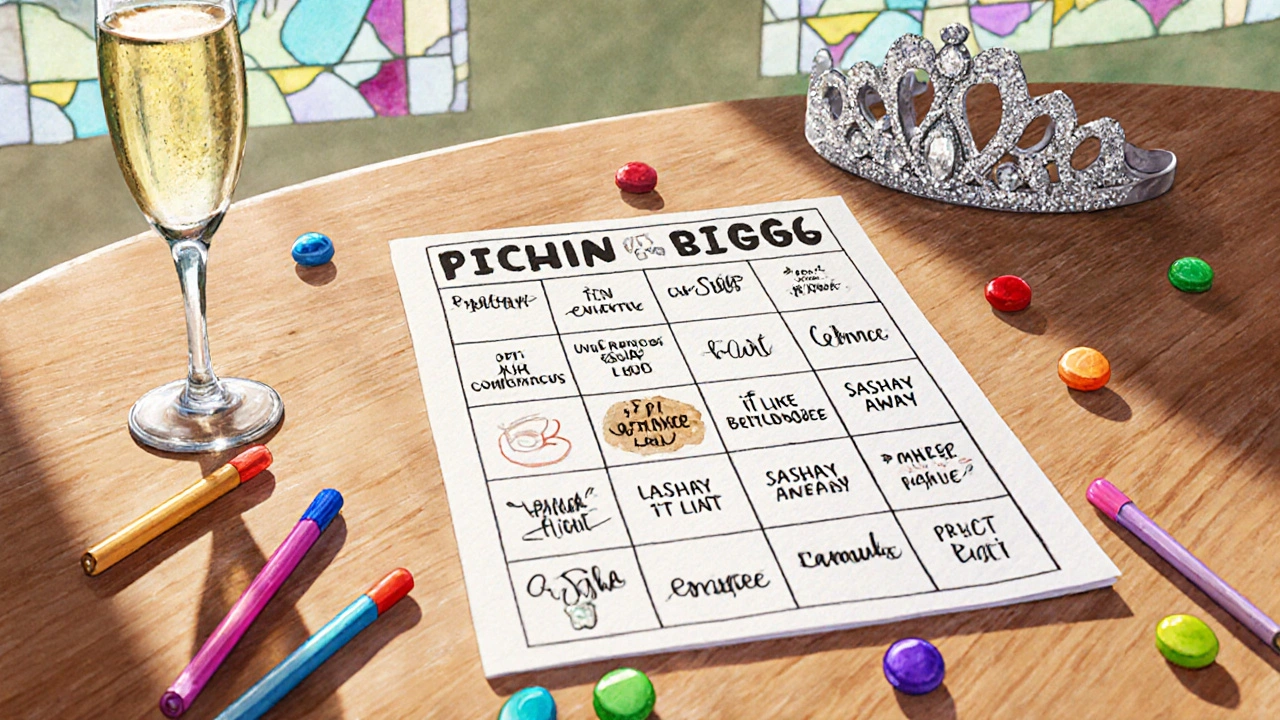 Close-up of a fun bingo card with playful phrases like &#039;Twerk It Like Beyoncé&#039; and a glittery tiara beside it.