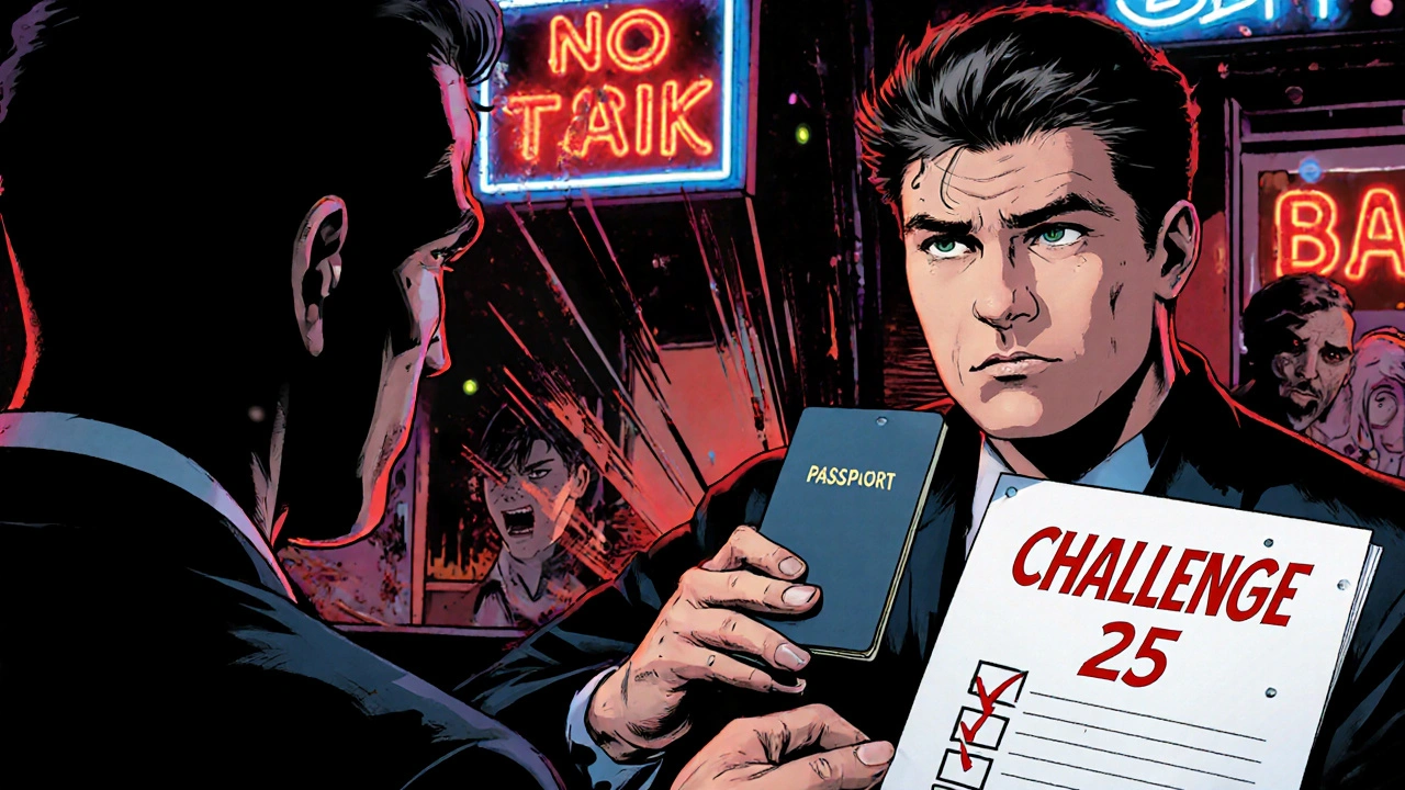 Comic book style scene of a young person presenting passport to venue staff with Challenge 25 checklist.