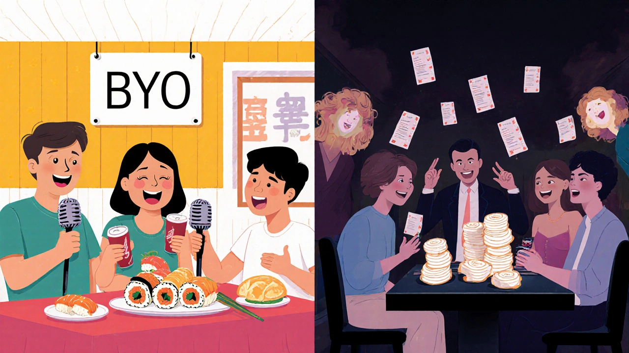 Contrasting scenes: casual BYO snacks vs. expensive menu items at karaoke bars