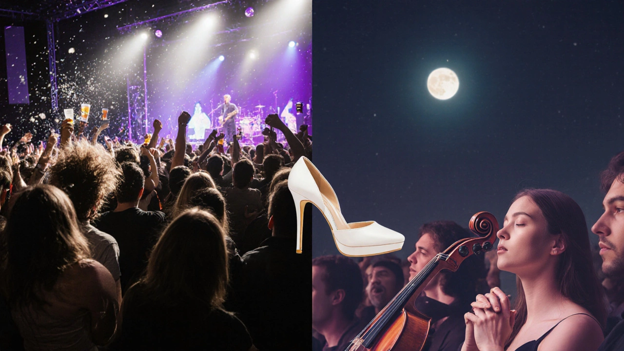 Contrasting scenes of energetic standing and calm seated concerts in London.