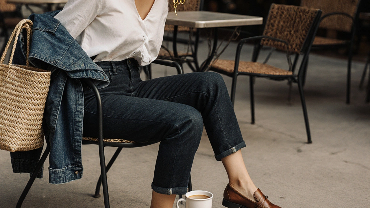Dark wash jeans with a tucked-in blouse and denim jacket, leather loafers, and gold hoop earrings on a brunch table.