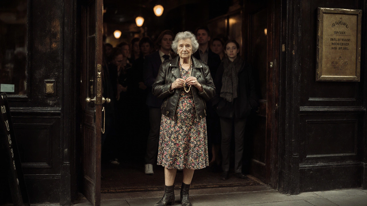 Elderly woman in vintage dress and leather jacket pausing at a jazz club entrance.