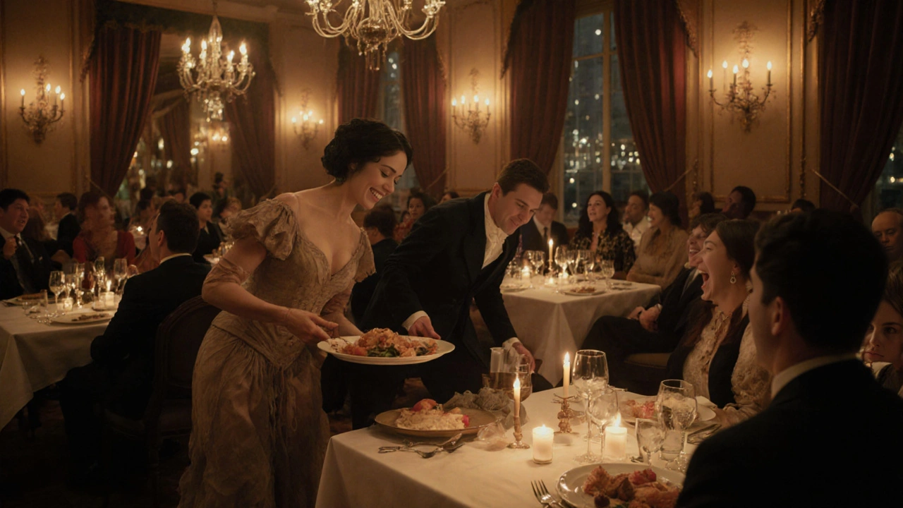 Elegant French-style dinner at Le Grand Magic with performers serving guests in candlelit ambiance.