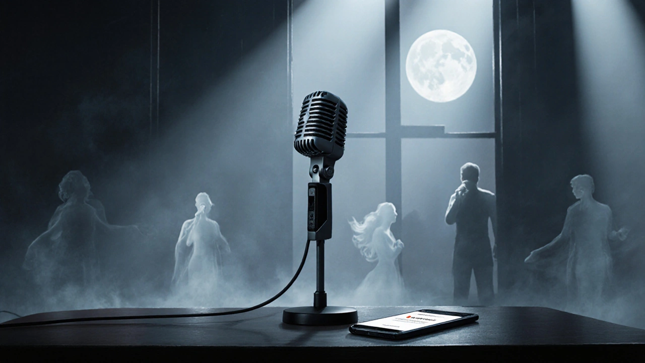 Empty karaoke stage with phone showing &#039;Video Deleted&#039; notification, ghostly singing figures fading in background.