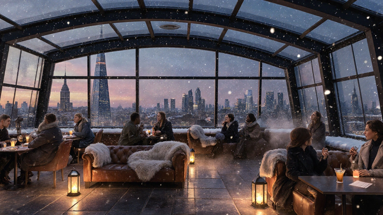 Enclosed rooftop lounge with lanterns and sheepskin throws, guests sipping drinks beside fire pits under a retractable glass ceiling.