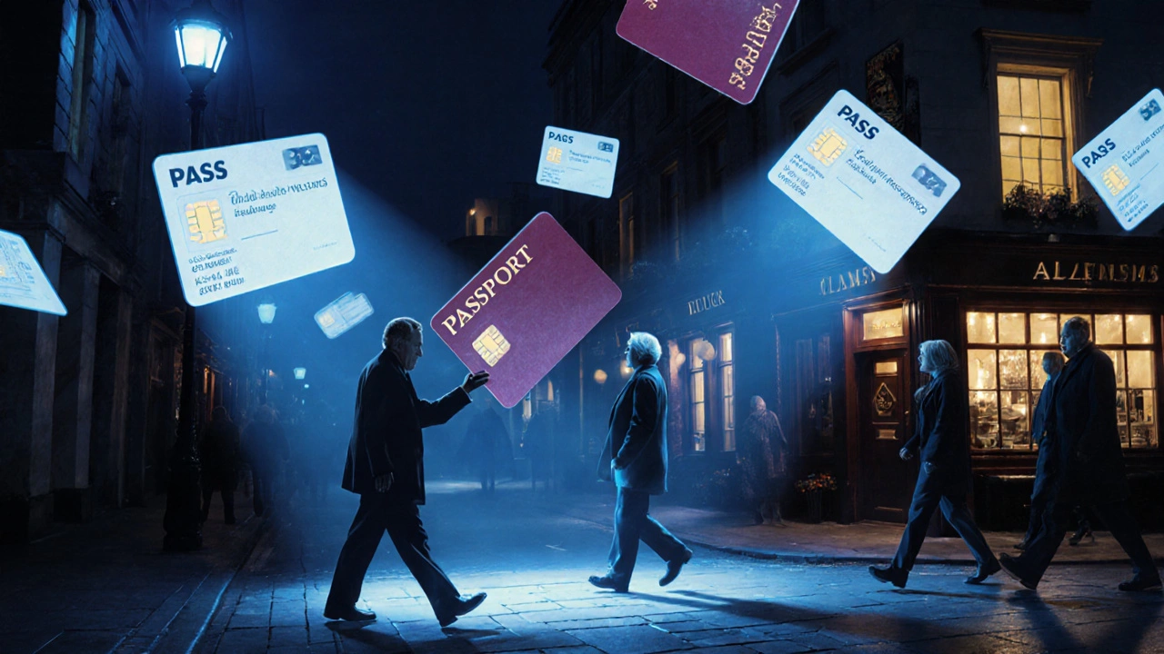 Floating ID cards glowing above a London street at night, symbolizing age verification.