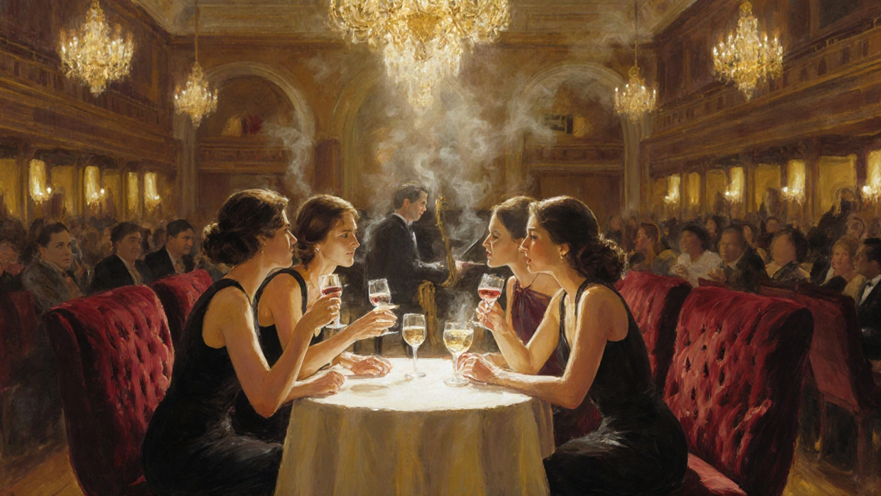 Four women enjoying wine and music in a softly lit, elegant seated concert hall.