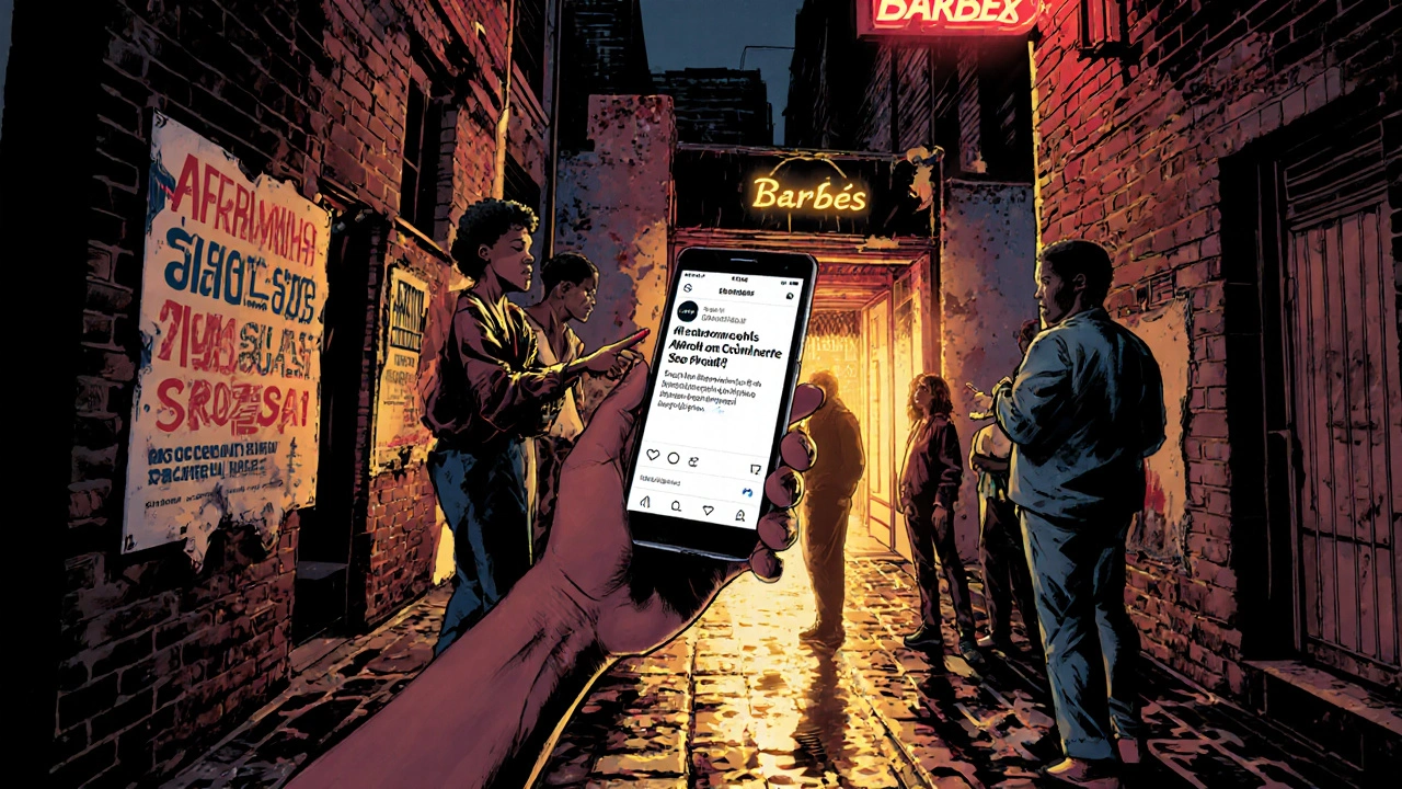 Friends checking a confirmed guestlist on their phone outside Barbès in Camden, neon signs reflecting on wet alleyway, vibrant nightlife vibe.