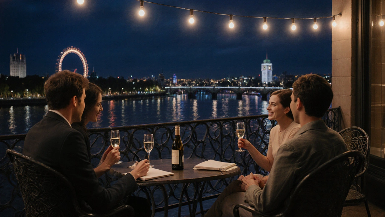 Friends on a Thames terrace at night, toasting with sparkling wine as London lights glow behind them.