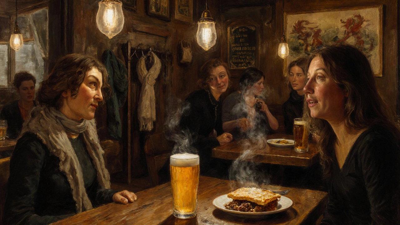Friends sharing a hearty pie and ale in a cozy gastropub with wooden tables and warm lighting.