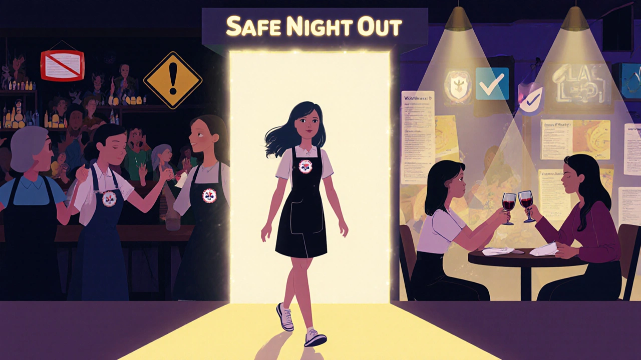 Girl stepping from a chaotic bar into a safe, glowing space with trained staff and supportive friends.