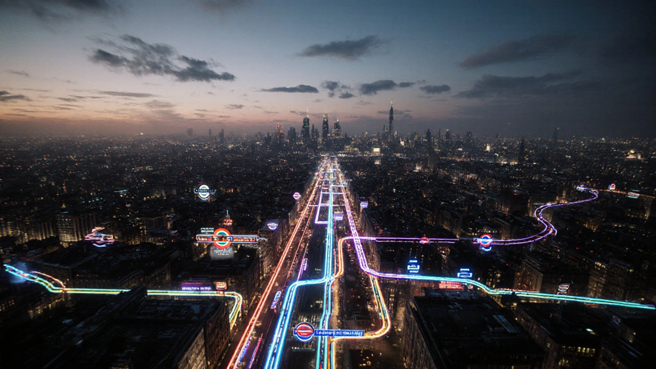 Glowing Underground lines connect London&#039;s nightlife hubs in a dawn-lit aerial view.