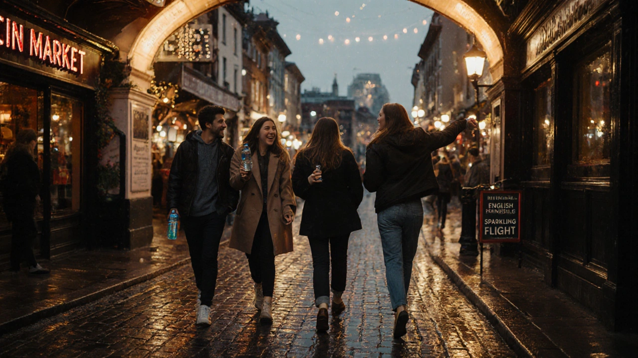 Group walking between wine bars in Southwark at dusk, holding water bottles under market lights.