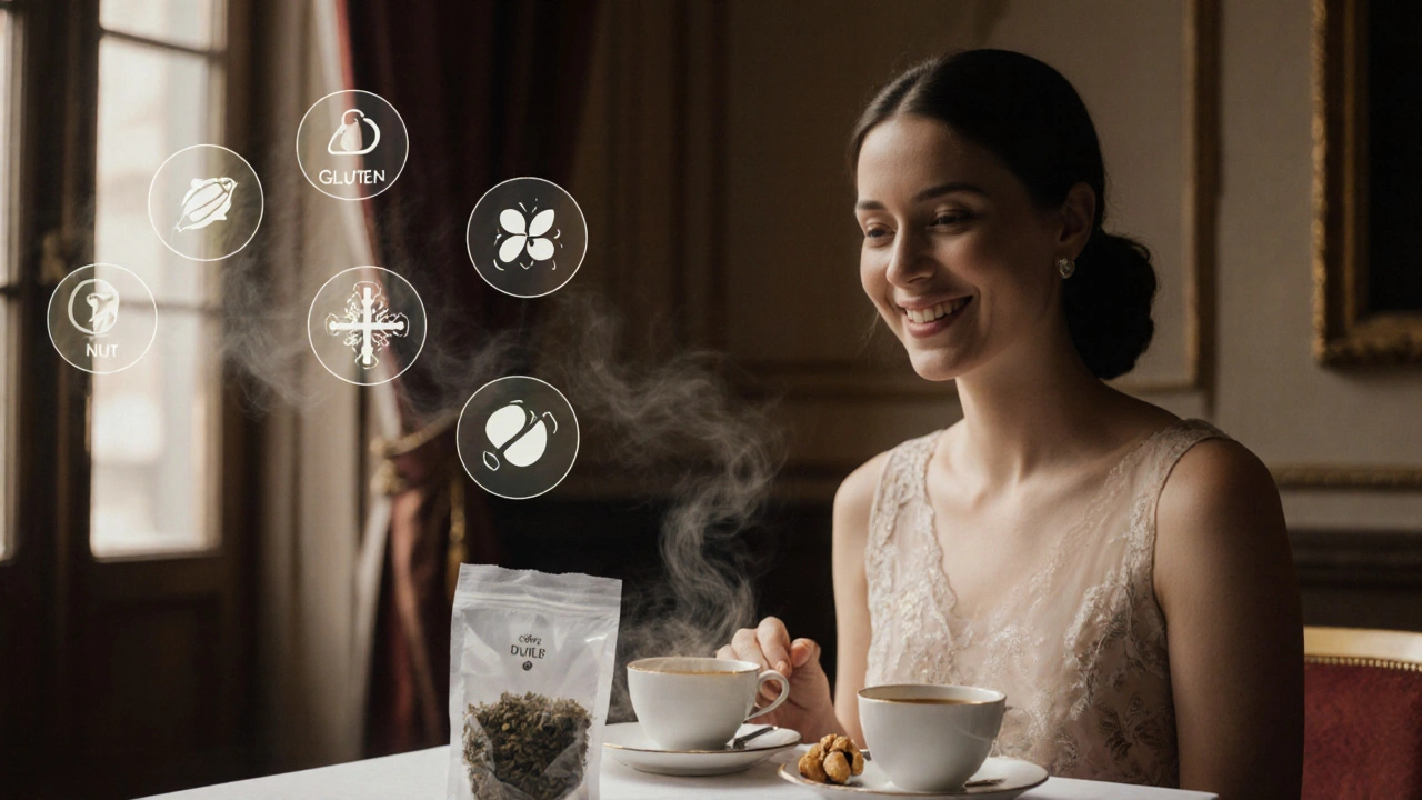 Guest enjoying tea with safe snacks nearby, allergens fading away as symbols of safety and peace.