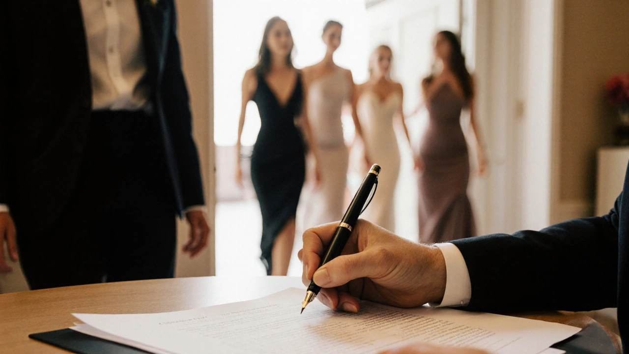 Hand signing a venue contract while guests walk away, tense atmosphere.