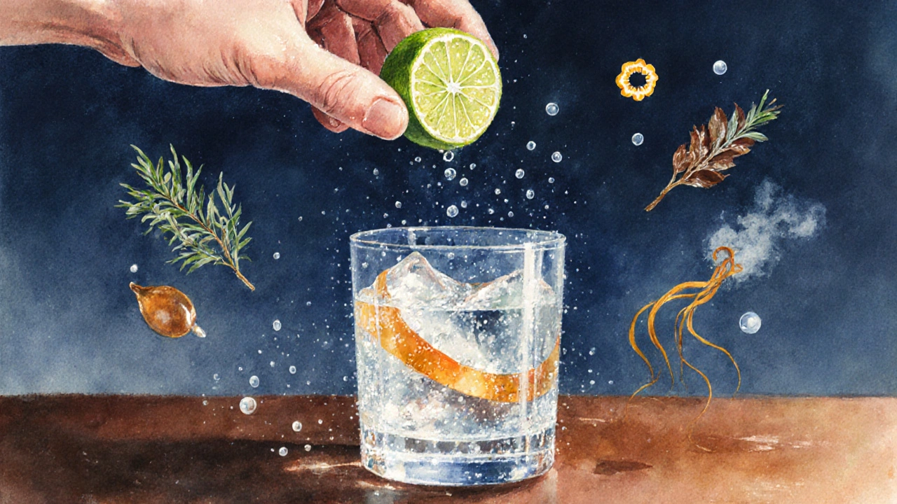 Hand squeezing fresh lime over a cocktail glass, with flavor elements floating in the air.