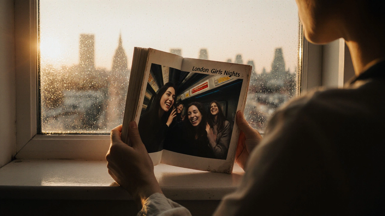 Hands closing a photo book at dawn, London skyline visible outside, reflection of friends on the final page.