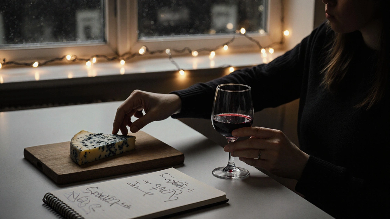 Hands pouring Port wine over blue cheese at a cozy kitchen table with handwritten notes nearby.