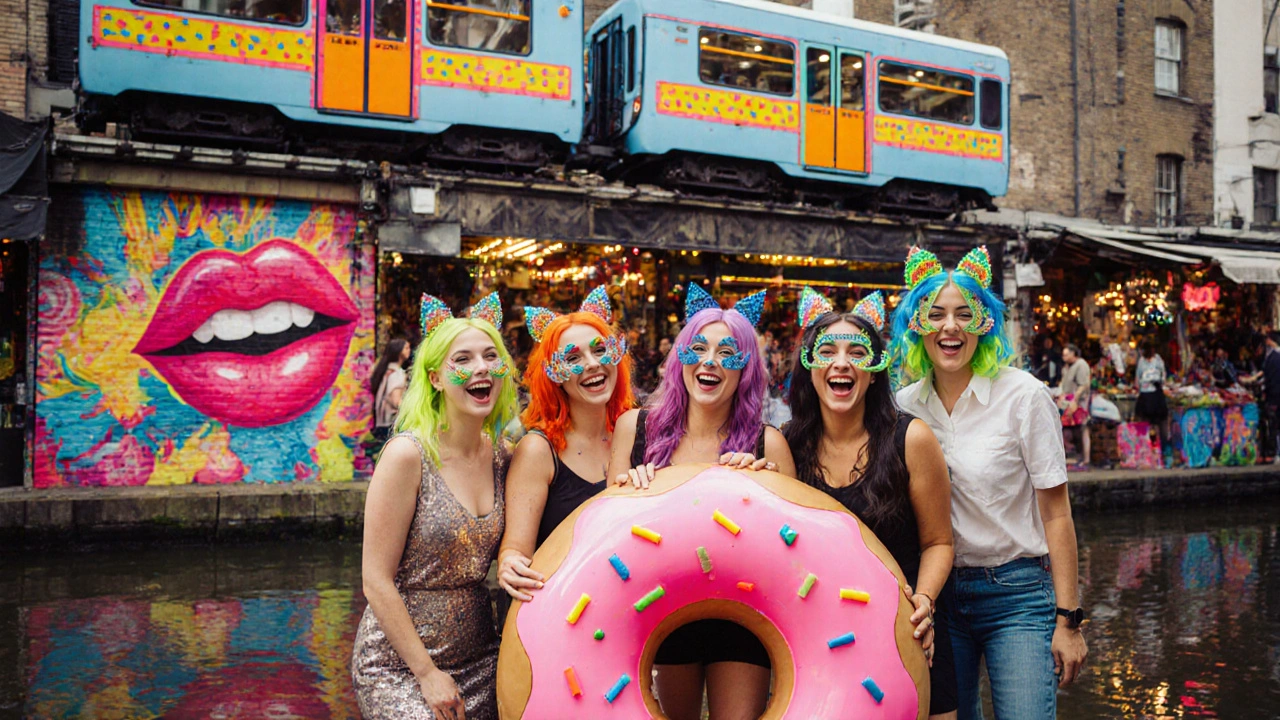 Hen party group laughing in Camden Market with glitter mustaches and a pink donut.