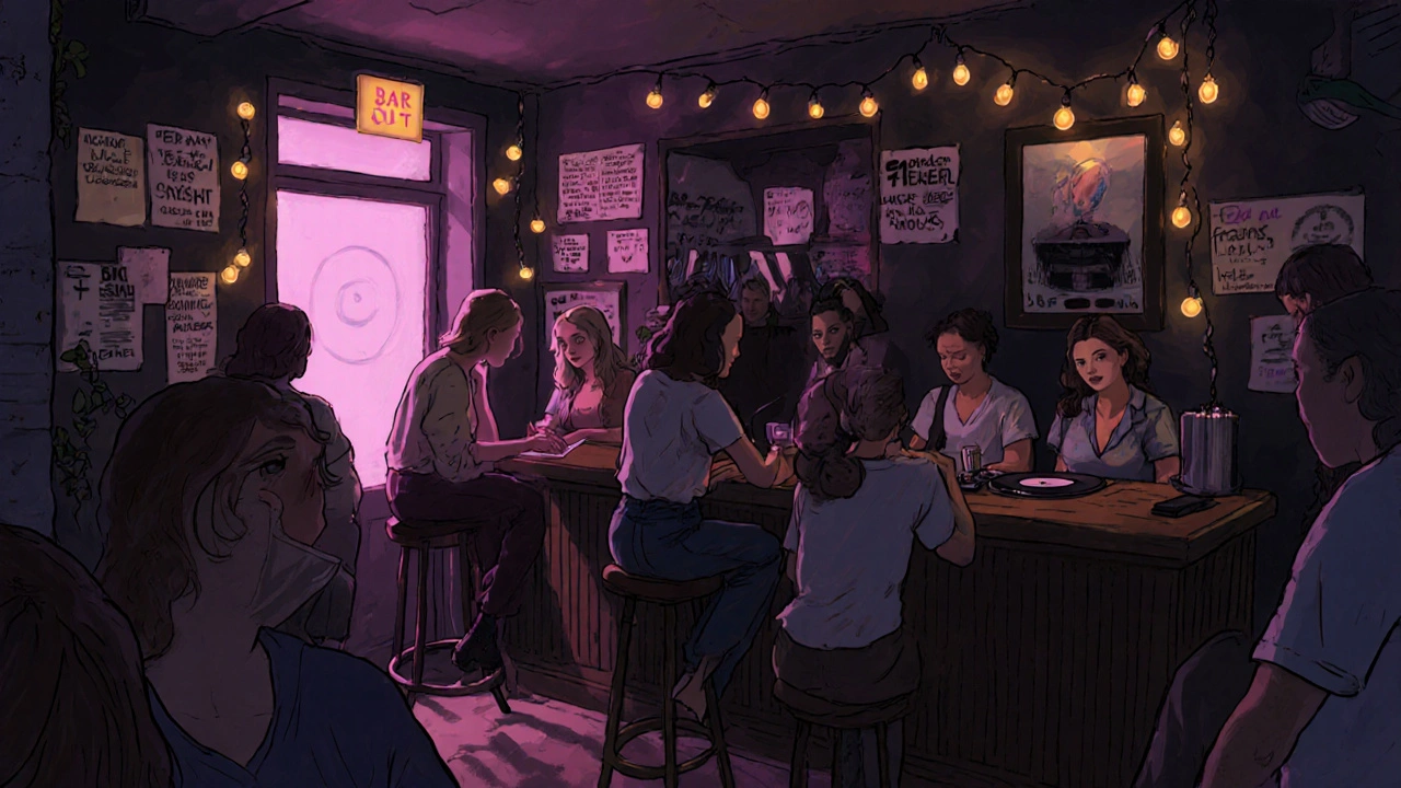 Intimate interior of Bar Out in Dalston with queer patrons gathered at a cozy bar.