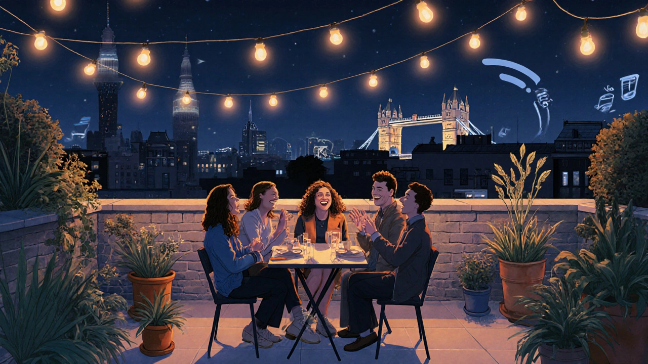 Intimate rooftop garden with string lights and Tower of London view, five people chatting quietly.