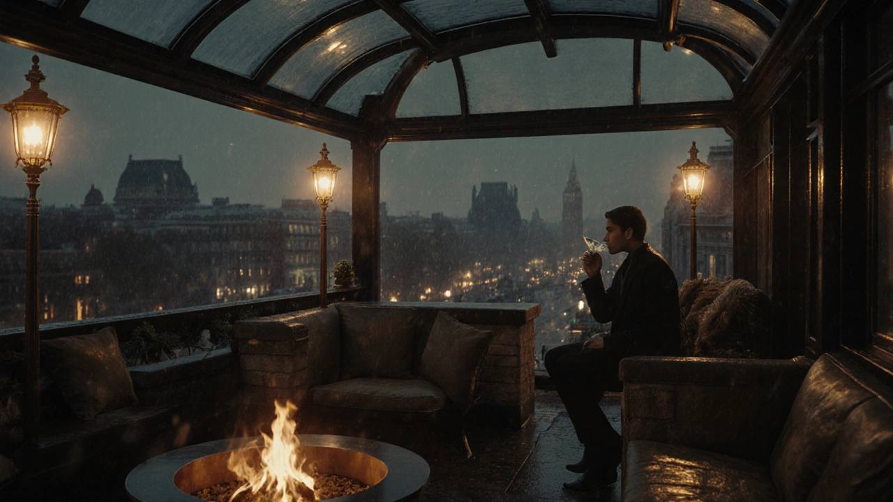 Intimate rooftop nook with fire pits and warm lighting, a person enjoying a cocktail as rain falls over a foggy city skyline.