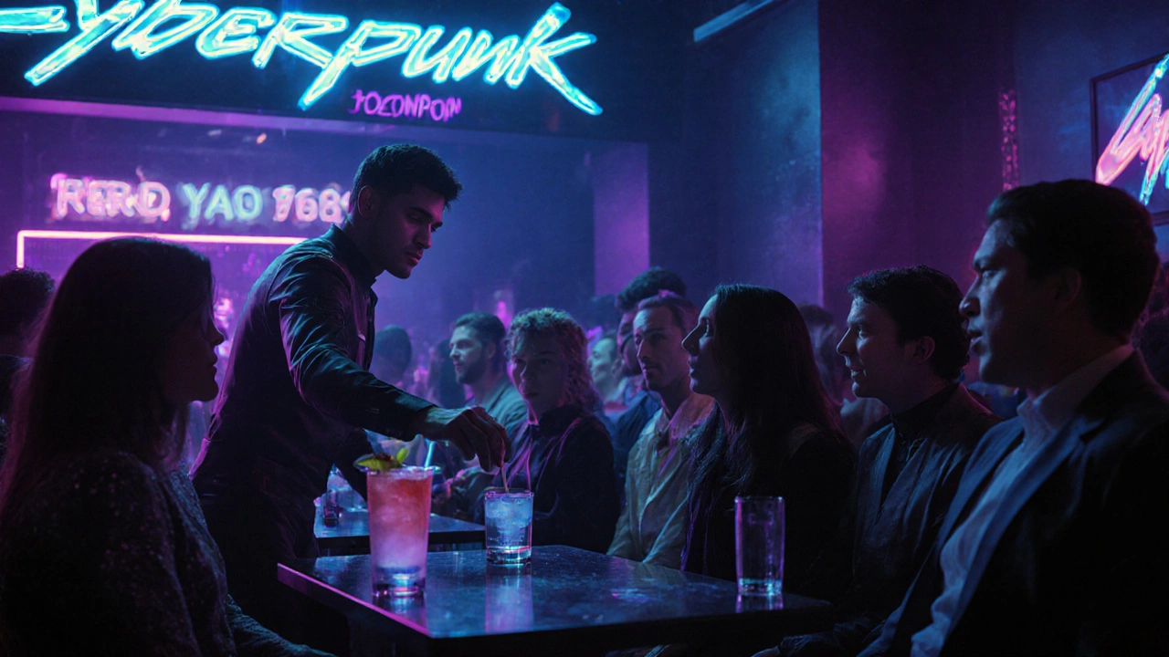 Patrons enjoy drinks in a neon cyberpunk lounge, servers move quietly among glowing decor.