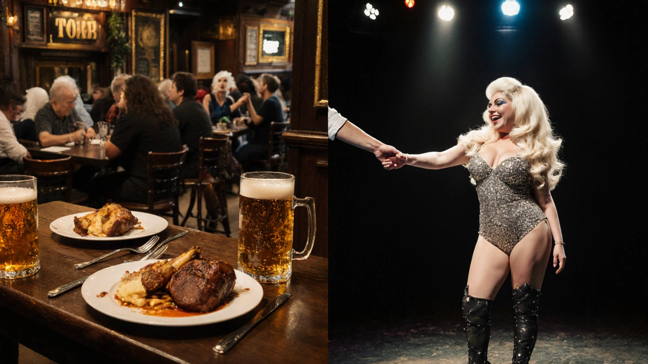 Person transitioning from pub dinner to drag show, caught between casual meal and vibrant performance.