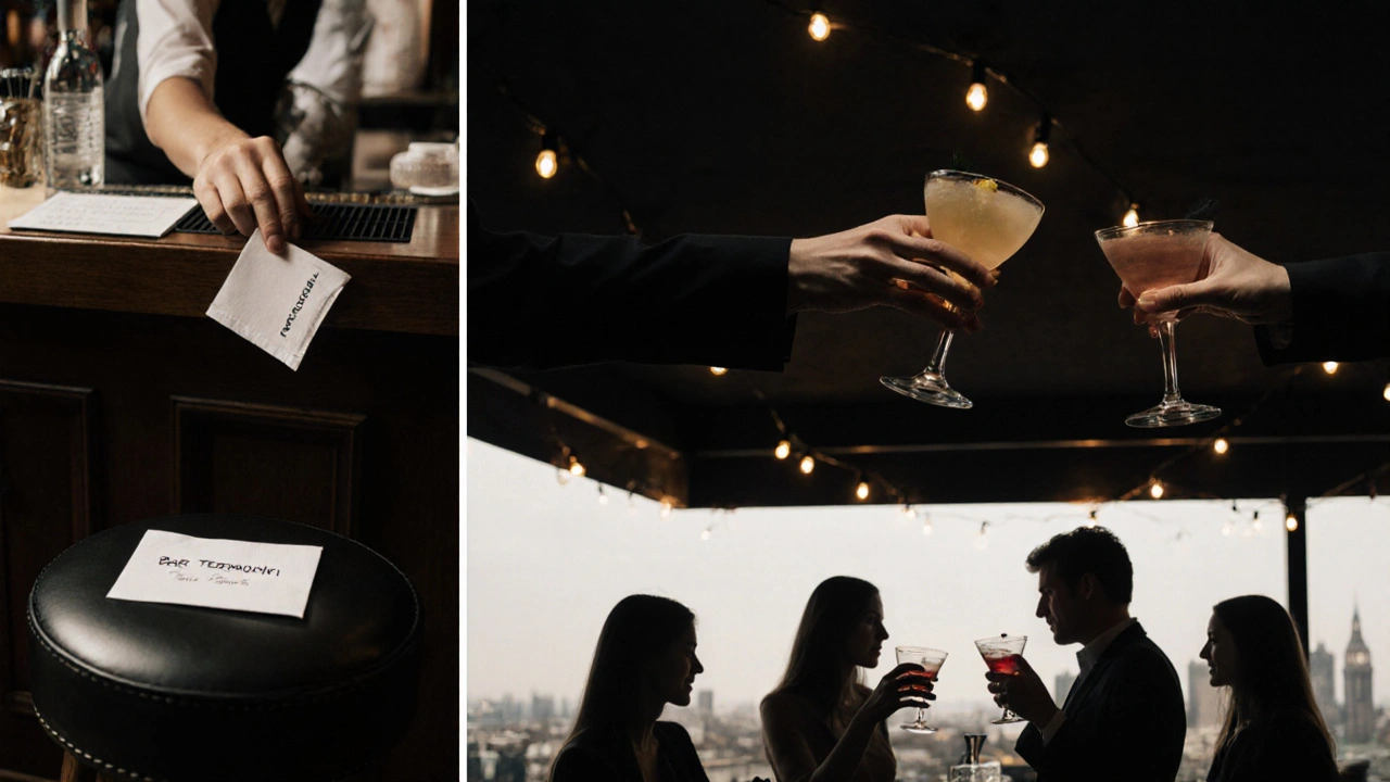 Silhouettes of guests enjoying exclusive moments at three upscale London bars, no faces shown.