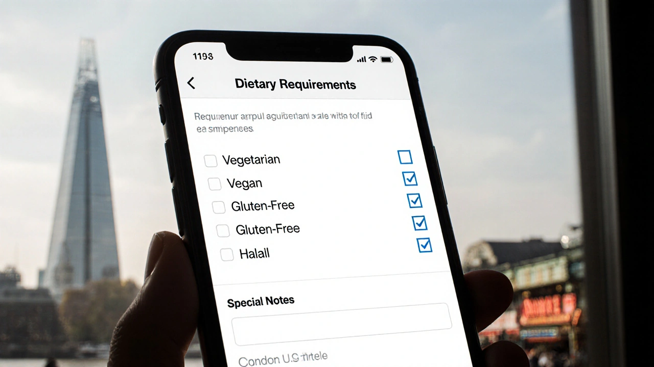 Smartphone showing a dietary preferences form with checkboxes and notes.