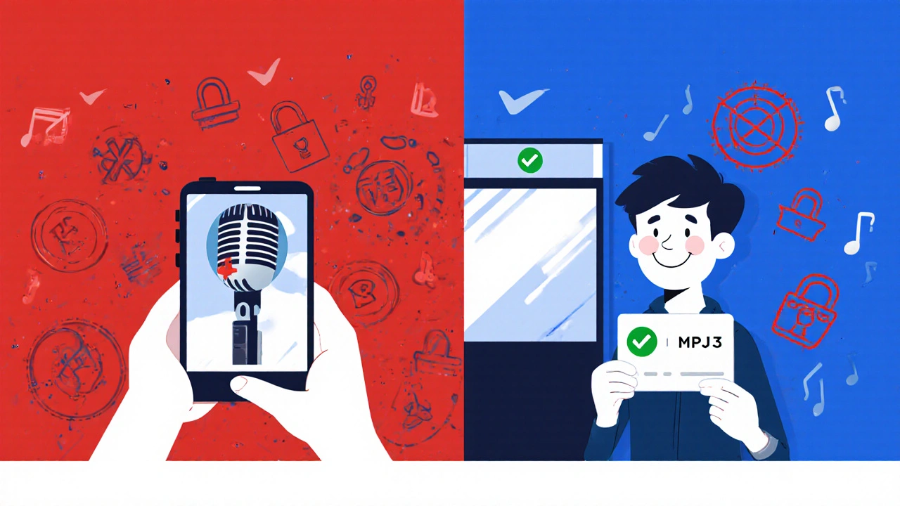 Split image: illegal phone recording with red locks vs. legal booth recording with green checkmark.