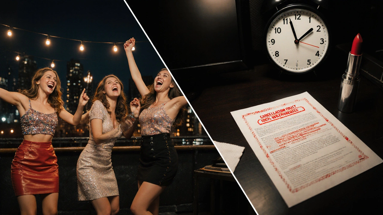 Split image: joyful party scene vs. dark contract with cancellation penalties.