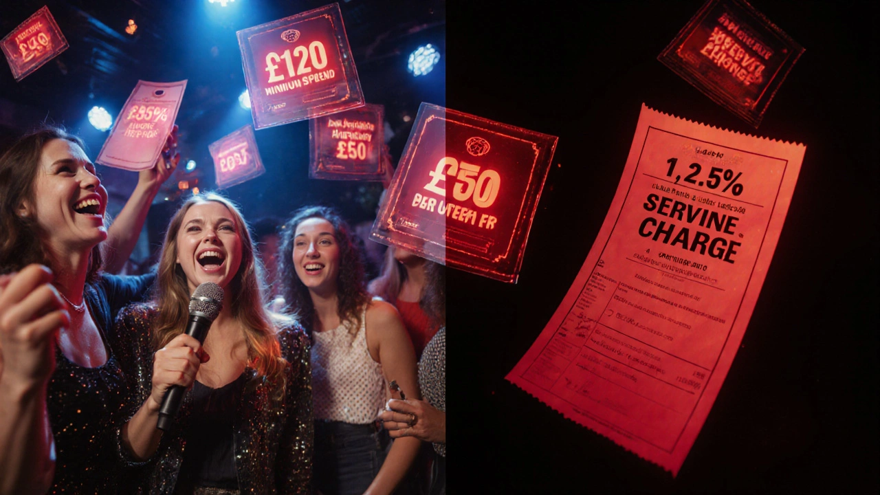 Split-image showing fun karaoke scene alongside floating cost icons representing hidden fees and minimum spends.
