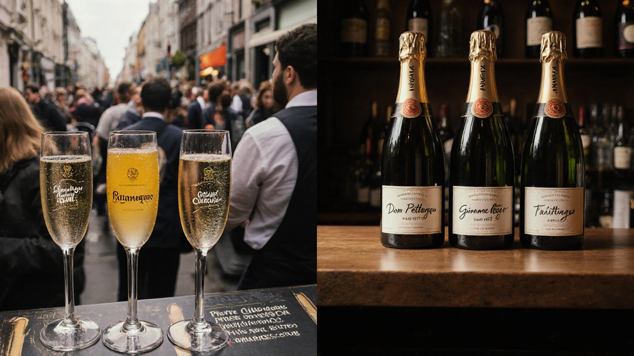 Split image: tourist bar with mass-produced champagnes vs. artisanal bottles with handwritten labels in a quiet London bar.