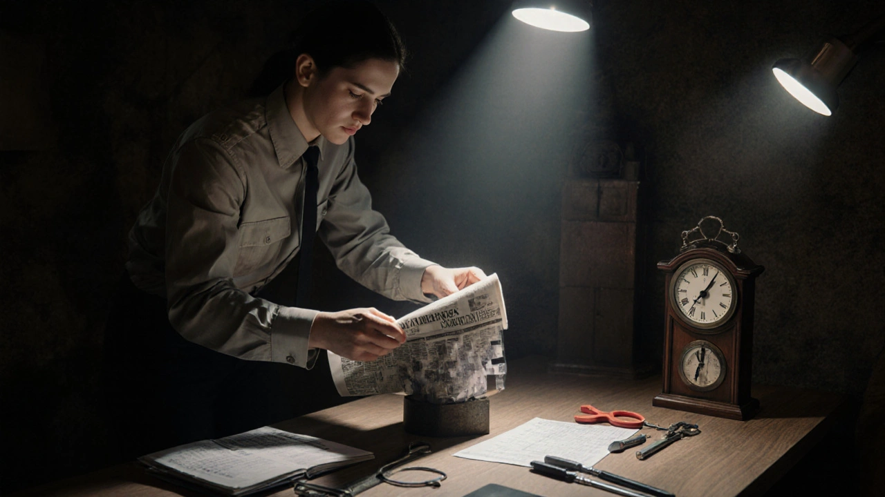 Staff member carefully resetting a puzzle with a fake newspaper and hidden lock in an escape room after a team leaves.