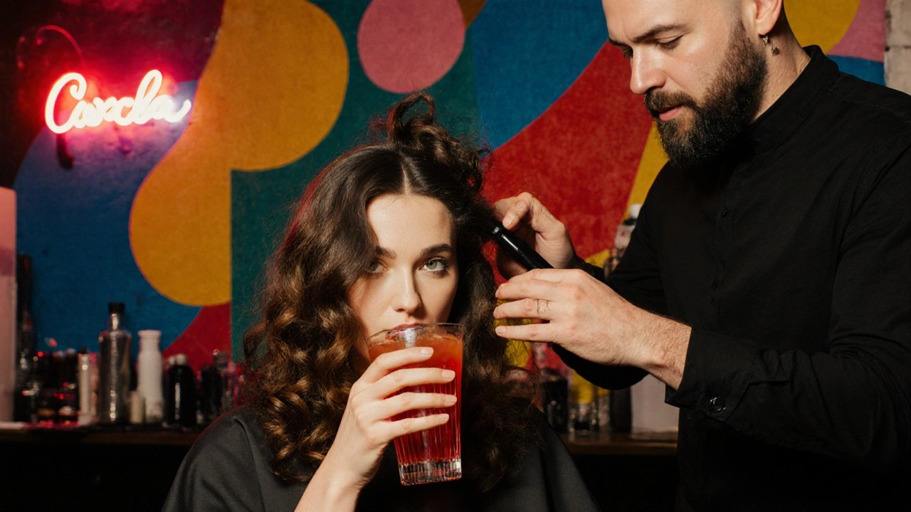 Stylist creating bold curls in a colorful Camden blow-dry bar, client sipping a vibrant cocktail.