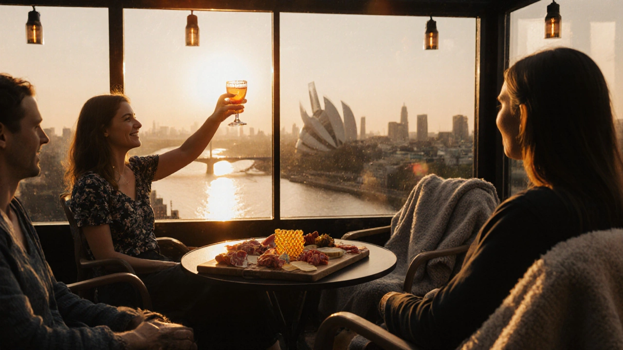 Sunset at 80 Graces rooftop with charcuterie board and Thames glow, warm light on shared drinks.