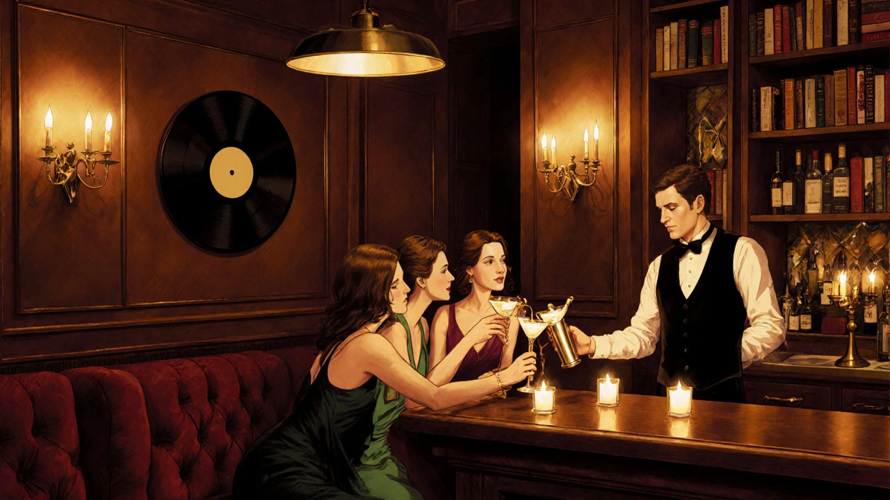 Three friends laughing in a dimly lit Soho speakeasy, surrounded by velvet booths and vintage jazz ambiance.